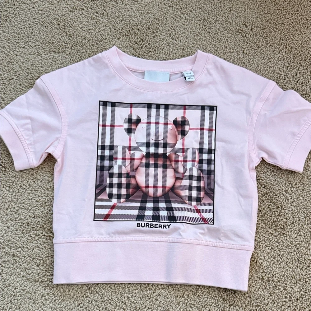 Burberry Pink Logo Tee with Gray Plaid Skirt Set - Picture 4 of 12